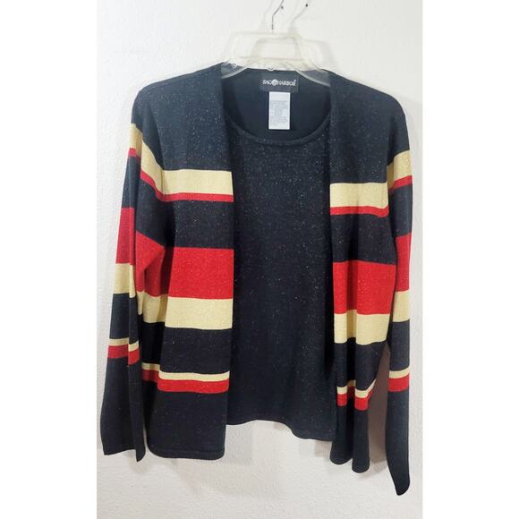 SAG Harbor Black Red Gold Sparkly 2 In 1 Sweater Top Medium Snap Closure Soft - Picture 5 of 7